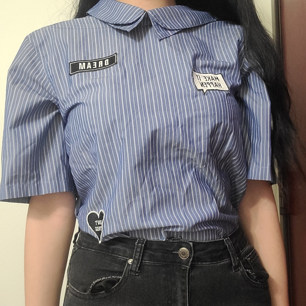 Blue and white striped unique Human Blouse with Patch details